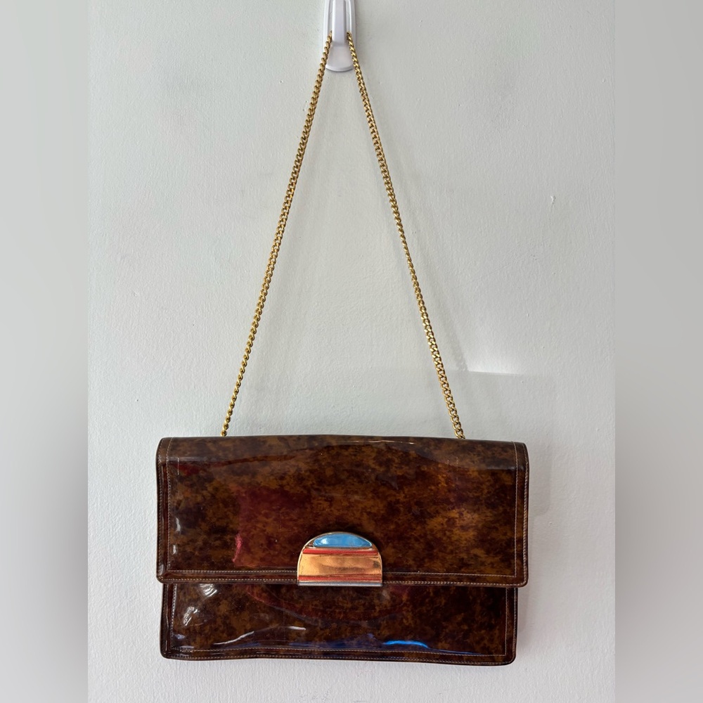 Vintage Morris Moskowitz shoulder bag gold chain strap brown patent look